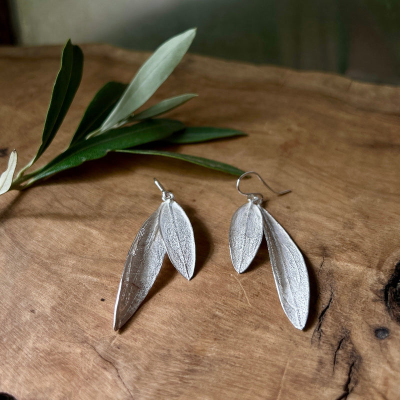 Sterling Silver Double Leaves Dangling Earrings