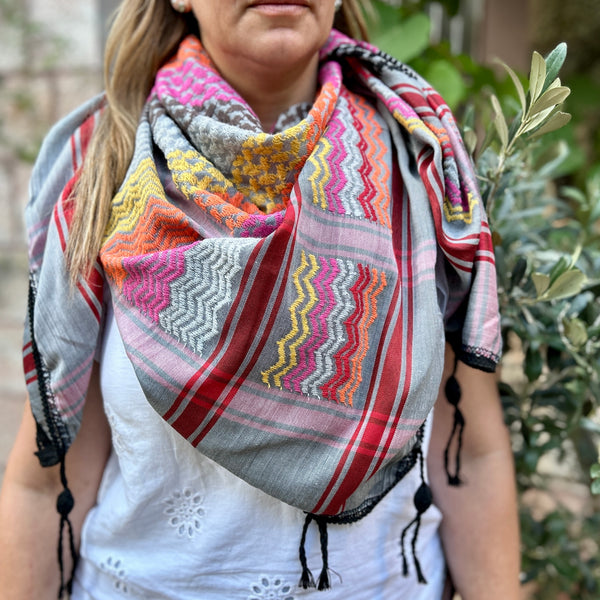 Traditional Keffiyeh from Palestinian Factory | Rainbow on Grey