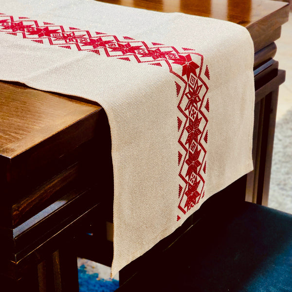Stunning Hand Embroidered Table Runner with Palestinian Tatreez in Red and Gold