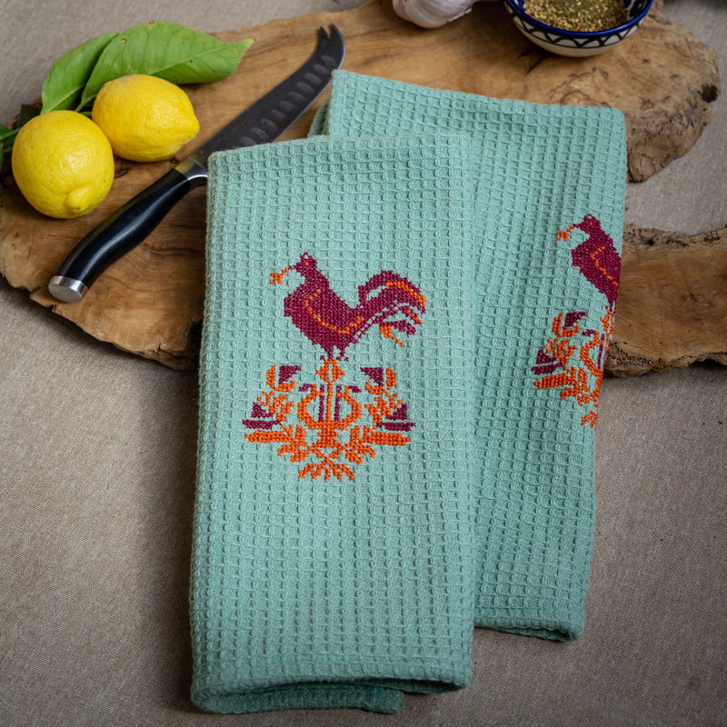 Set of 2 Tea Towels with Palestinian Tatreez Rooster