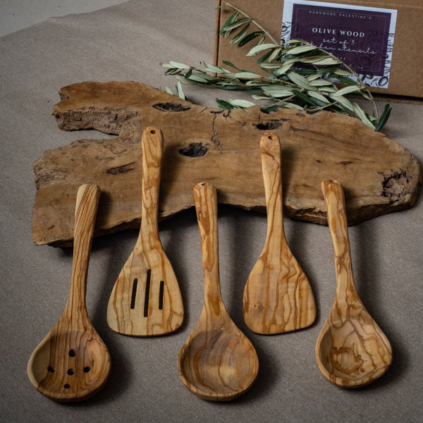 Limited Edition Set of 5 Olive Wood Spoons and Spatulas | Handcrafted from Palestine