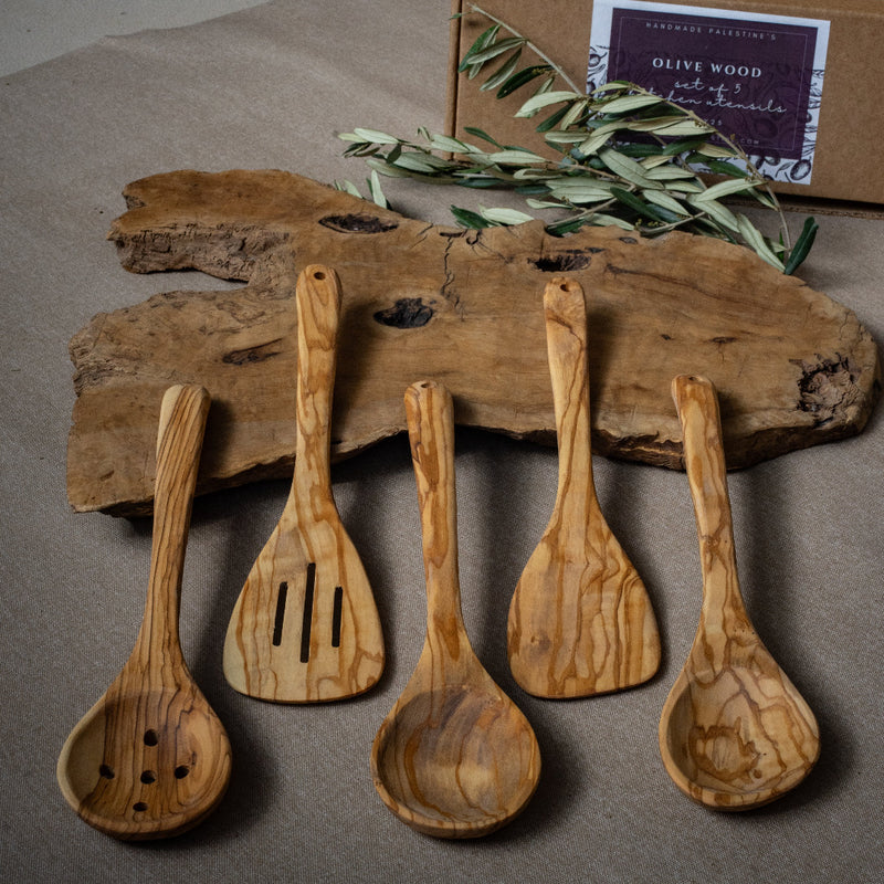 Limited Edition Set of 5 Olive Wood Spoons and Spatulas | Handcrafted from Palestine