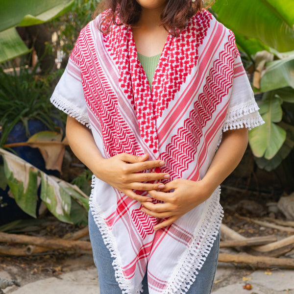 Traditional Arafat Keffiyeh from Palestinian Factory in Red on White Handmade Palestine EU