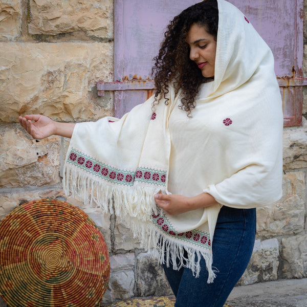 Palestinian Tatreez Shawl| Hand Embroidered in Palestine with Flowers