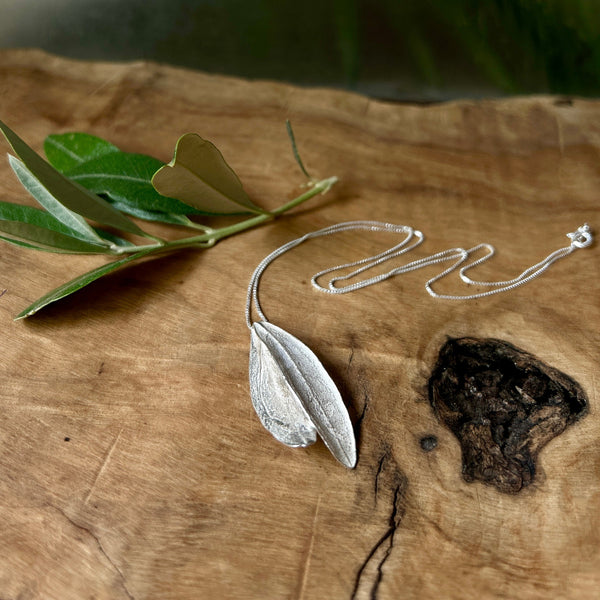 Sterling Silver Olive Leaf Necklace on Chain with Fused Leaves Handmade Palestine EU