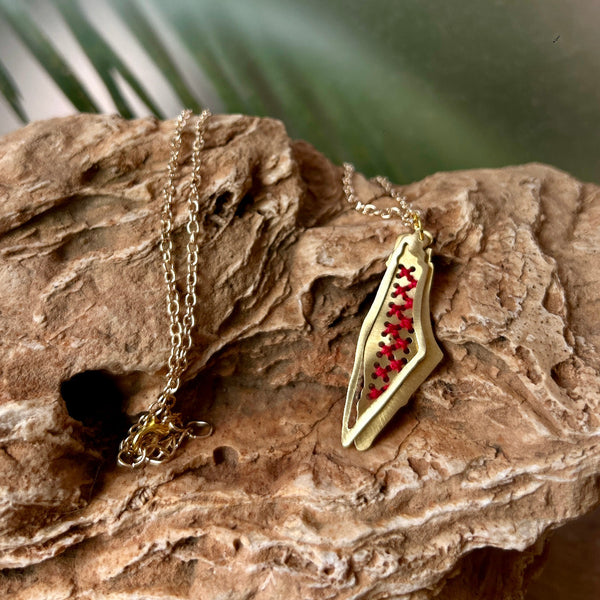 Tatreez Hand Stitched in Brass Map of Palestine Necklace | Handmade Jewelry from Palestine