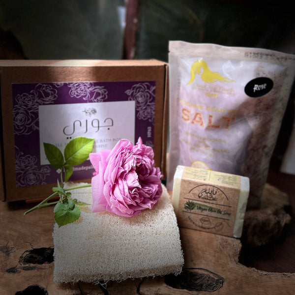 Natural Bath Gift Box | Palestinian Olive Oil Soap, Natural Leefa and Dead Sea Bath Salts Handmade Palestine EU