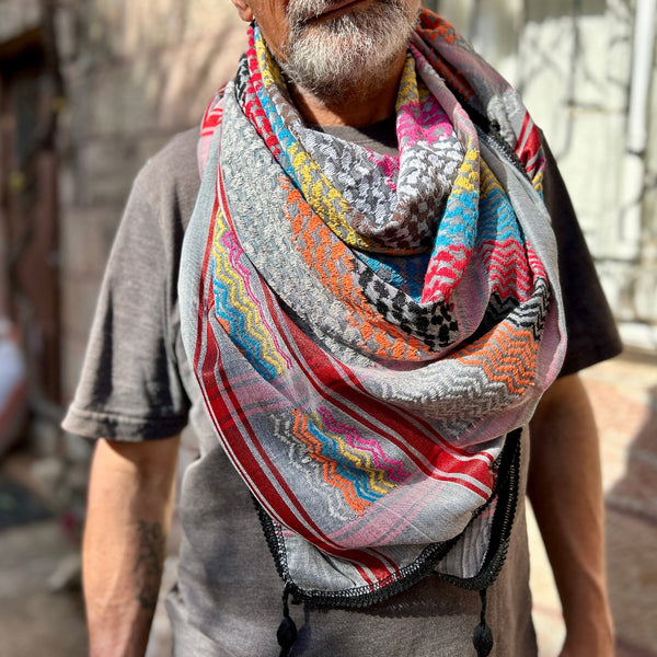Traditional Keffiyeh from Palestinian Factory | Rainbow on Grey